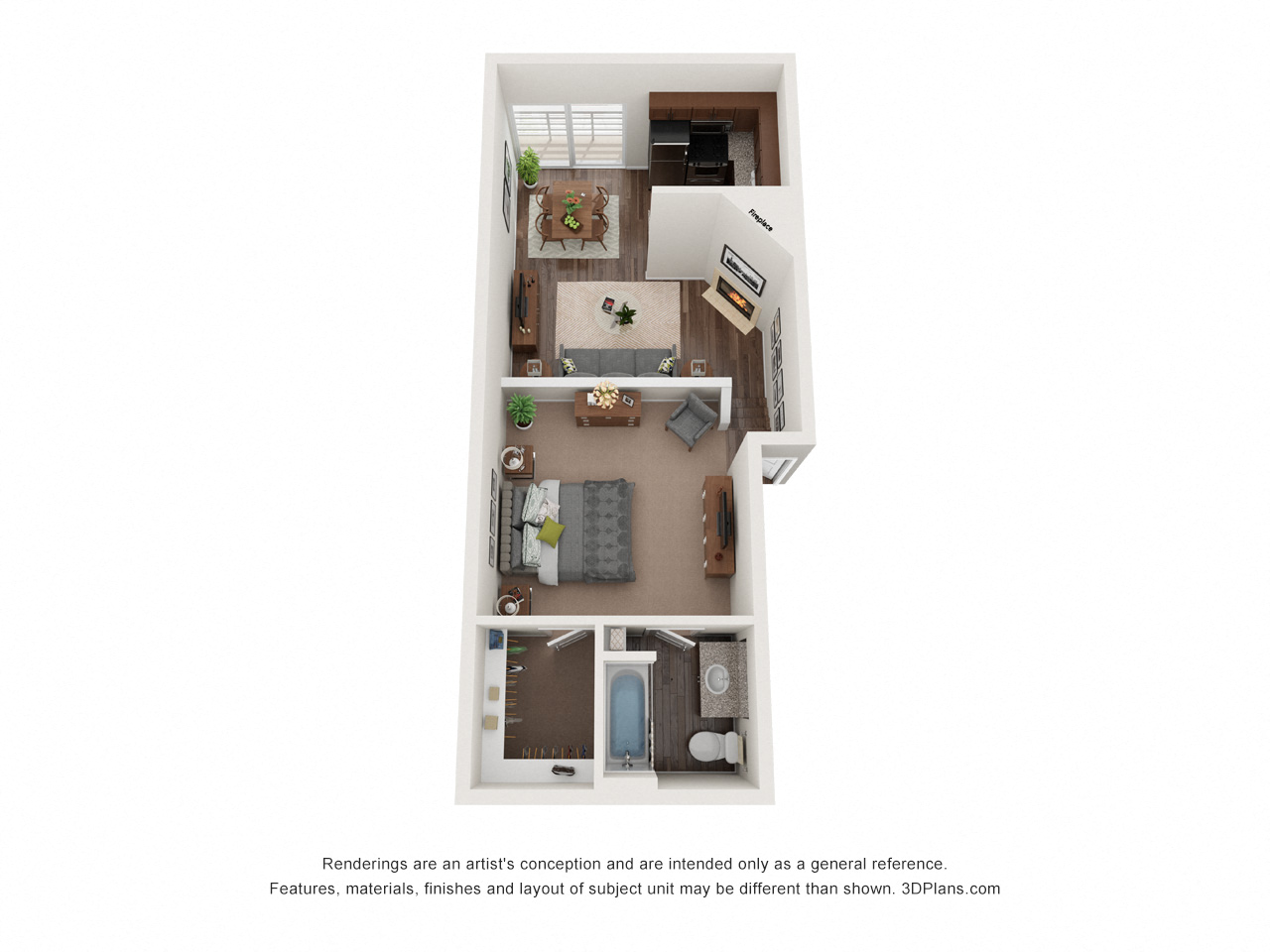 Floor plan for studio, 1 bath, 623 sqft